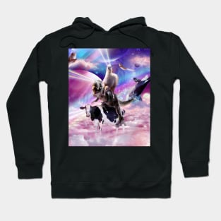 Laser Eyes Space Llama On Dinosaur Cow - Rainbow Hoodie